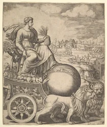 Cibele na sua carruagem desenhada por dois leões, 1530-60.