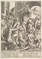 Inveja ou Avareza à direita sendo expulso do templo das Musas por Hércules que ..., 1530-60.