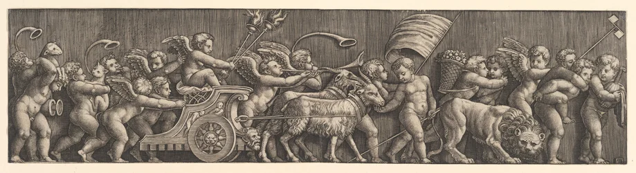 Arranjo de friso representando o triunfo do amor, Cupido em uma carruagem liderada por cabras, homem..., 1530-60.