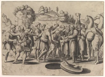 José no centro sendo vendido por seus irmãos em pé acima de um poço, camelos à direita, 1533.