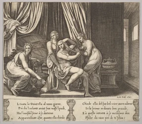Placa 10: ninfas ajudando Psyche a vestir o cabelo, de "The Fable of Psyche", 1530-60.