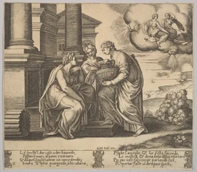 Prato 11: Psyche dá presentes às suas irmãs, de "A Fábula de Psyche", 1530-60.