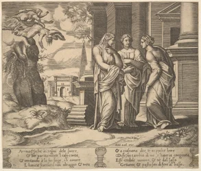 Placa 15: Psyche relacionando seus infortúnios com suas irmãs, de The Fable of Psyche, 1530-60.