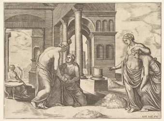 Placa 22: Vênus ordenando a Psyche para separar um monte de grãos, da "Fábula da Psyche", 1530-60.