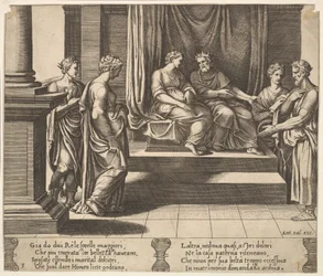 Placa 3: As duas irmãs de Psyche são casadas com reis, de "The Fable of Psyche", 1530-60.