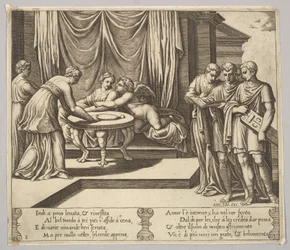 Placa 8: Psique sentado à mesa e assistido por criados invisíveis, Eros ao lado da g..., 1530-60.