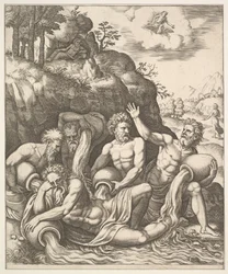 Deuses do rio consolando Peneus pela perda de sua filha, Daphne de "A História de Apo..., 1530-60".