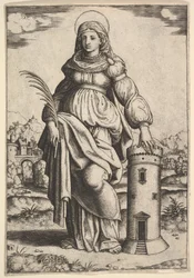 Santa Bárbara de pé, com a palma da mão direita, descansando a mão esquerda sobre uma torre, 1530-60.