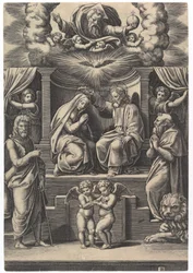 A coroação da Virgem, em baixo à esquerda está São João Batista, em baixo à direita..., 1530-60.