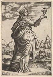 A Madalena em pé de frente para a direita, jarra segurada em sua mão direita levantada, 1530-60.