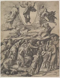 A Transfiguração de Cristo que aparece no centro superior, abaixo dele várias figuras incluindo..., 1530-60.
