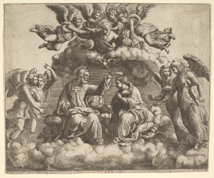 A coroação da Virgem, Cristo segurando a coroa sobre a sua cabeça, Deus Pai abençoa..., 1532.