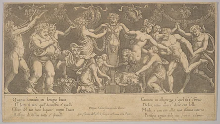 O sacrifício a Priapus que está na forma de uma estátua no centro, Baco e uma sa..., 1530-60.