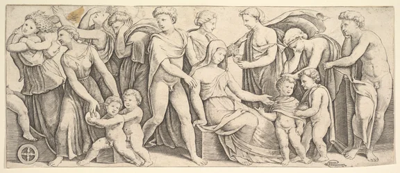 O casamento de Jason e Creusa, à esquerda Medea leva seus filhos, 1530-60.