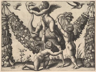 Três putti perante uma grande grinalda, o do meio monta uma avestruz, de um ..., ca. 1530-40.