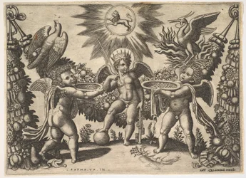 Dois putti apresentando taças cheias de ouro a um putto disfarçado de deus das riquezas..., c. 1530-40.