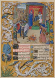 Nebuchadnezzar a queimar os livros.
Psalter. Nabucodonosor preside à queima dos livros aquando da destruição de Jerusalém. Salmo 1. Fronteira da decoração de trompe l