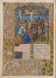 Temporal (1ª parte: do Primeiro Domingo do Advento ao Sábado Santo).
A Crucificação (Sexta-feira Santa). Fronteira com decoração floral. Duas colunas de texto com duas iniciais.