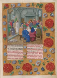 Temporal (1ª parte: do Primeiro Domingo do Advento ao Sábado Santo).
A Última Ceia (Quinta-feira Santa, Matins). Border com decoração floral. Duas colunas de texto.