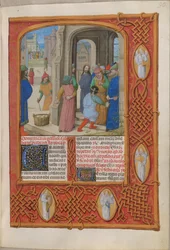 Temporal (1ª parte: do Primeiro Domingo do Advento ao Sábado Santo).
Os judeus ameaçam apedrejar Cristo por blasfémia no Templo de Salomão (Domingo de Paixão). Fronteira contendo anjos. Duas colunas de texto.