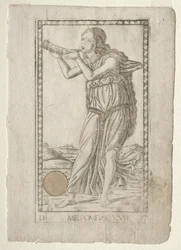 Tragédia de Melpomene da série D de Tarocchi: Apolo e as Musas, nº 17, antes de 1467.