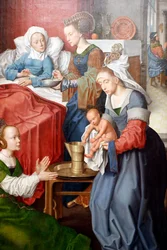 Museu de Évora. Mestre do retábulo de Évora. O nascimento da Virgem. Óleo sobre painel. Escola flamenga 1500. Portugal.