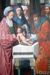 Museu de Évora. Mestre do retábulo de Évora. A circuncisão de Cristo. Óleo sobre painel. Escola flamenga 1500. Portugal.