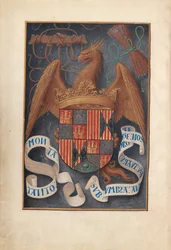Horas da Rainha Isabel, a Católica, Rainha da Espanha: Fol. 1v, Armas e Lemas de Isabel la Católica