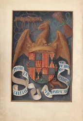 Horas da rainha Isabel, a católica, rainha da Espanha: Fol. 1v, Armas e lemas de Isabel ..., c1500.