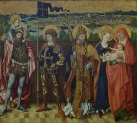 Santa Ana, a Virgem e o Menino, São Cristóvão, São Gereão e São Pedro em uma Paisagem, mostrando Colônia e as Sete Colinas, c.1460-80 (carvalho)