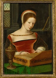 Senhora ao clavicórdio. O boião de unguento é um atributo de Staint Mary Magdalen (pintura sobre tela)