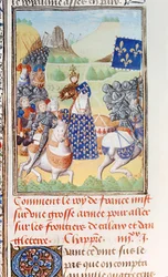 Harley 4380 fol.196v O Rei Carlos VI (1366-1422) de França lidera uma expedição contra Calais, da parte 2 Volume IV de "Crónicas de Froissart" de Jean Froissart (c.1333-1404) (vellum)