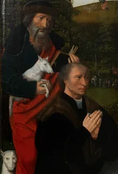 Detalhe do painel esquerdo da Virgem e da Criança com Santa Catarina e Santa Bárbara, c.1520-25 (óleo sobre painel)