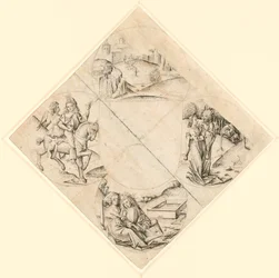 Desenho de um Quatrefoil com um castelo, dois amantes, uma donzela tentada por um tolo, um casal sentado junto a uma gamela e um cavaleiro e a sua amante montados num cavalo