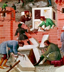 Construção da cidade de Roma, detalhe. Os trabalhadores são ativos na tarefa: Macons, pedreiros, carregadores, mármore (mármore) e cimento (preparação de cimento) no trabalho. Miniatura em “” Romuleon. Roma””” escrito por Benevenutus de Rambaldis (1338? -1
