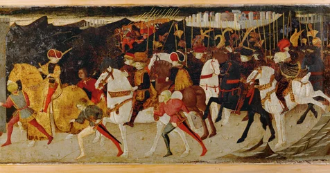 Grupo de cavaleiros a cavalo (têmpera sobre madeira)