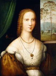 Retrato de uma senhora, meio comprimento, usando um vestido branco com mangas douradas