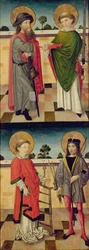 Topo: São Jacó como Peregrino e São Mateus Segurando um Livro e uma Espada; Inferior: São Lourenço Segurando uma Grade de Ferro e São Sebastião Segurando um Arco e Flecha, o reverso de um painel de um retábulo retratado
