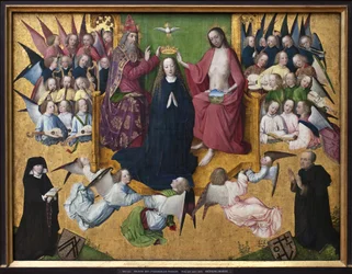 A coroação de Maria. Representação da Santíssima Trindade: Deus, Jesus Cristo e a pomba do Espírito Santo. Pintura do Mestre da Paixão de Lyversberg (ativo entre 1460 e 1490), arte alemã do início do século XV. Munique, Alte