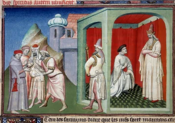 João de Mandeville e o Sultão. Controvérsia entre cristãos e muçulmanos representada por Jean de Mandeville, explorador de Liège (1300-1372) e o Sultão de Sarracenos. Miniatura em "The Book of Wonders of the World" Ms. 2810 Folio 175v. Manuscrito
