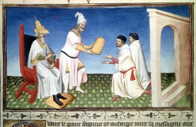 Marco e Mattia Polo recebendo doações de Kubilay Khan, - Miniatura tirada de "O Livro das Maravilhas" ("O Desvio do Mundo", "Il Milione") por Marco Polo (1254-1324) (Sra. 2810, Folio 3v) iluminada pelo Mestre de Mazarine, cerca de 1410-1412