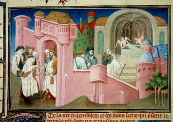 Pelerins visita a igreja do Santo Sepulcro e o túmulo de Cristo em Jerusalém Miniatura em "Liber de quibusdam ultramarinis partibus et praecipue de Terra sancta" (O estatuto da Terra Santa e também parcialmente da Terra de Egipte) por Guilherme de Bol