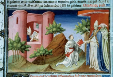 O Papa Júlio I (280-337) conheceu o Mensageiro de Atanásio de Alexandria na época do Concílio de Sardes. O mensageiro veio para defender a posição do patriarca no exílio em Alexandria Miniatura no manuscrito "O Livro das Maravilhas do Mundo" iluminar