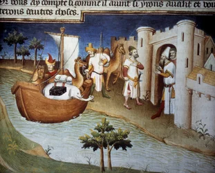 Os irmãos Polo (incluindo Marco Polo) chegam a Ormuz vindos da Índia em um navio de carga. Miniatura em "The Book of Wonders" ("Devisement du monde", "Il Milione") (Ms. 2810, Folio 14v). Manuscrito alugado pelo Mestre de Mazarine