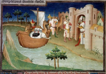 Os irmãos Polo (incluindo Marco Polo) chegam a Ormuz vindos da Índia em um navio de carga. Miniatura em "The Book of Wonders" ("Devisement du monde", "Il Milione") (Ms. 2810, Folio 14v). Manuscrito alugado pelo Mestre de Mazarine