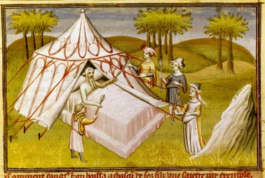 O líder mongol Gengis Khan no seu leito de morte dando as suas últimas recomendações aos seus filhos, c.1410 (miniatura)