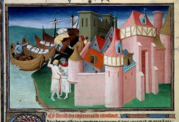 Descarga de bolas na cidade de Khambhat, Índia. Miniatura em "The Book of Wonders" ("Devisement du monde", "Il Milione") Ms2810, Folio 86v. Manuscrito alugado pelo Mestre de Mazarine e escrito por Marco Polo (1254-1324), ca. 1410-1412. BN, Par