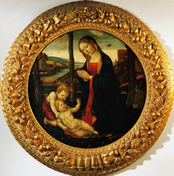 Madonna e Criança com o menino São João Batista, pintura atribuída ao Mestre de Tondo Miller (final do século XV).