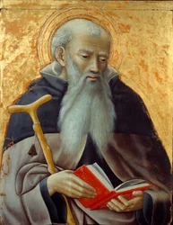Santo Antônio, Representação de Santo Antônio o Grande (250/251-356) (ou Santo Antônio o Eremita). Pintura sobre madeira do Mestre da Observância (ativa por volta de 1425-1450) Sol. 0,73x0,59 m