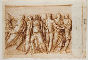 Folio 61, reto: O Retorno de Meleager de um Sarcófago Romano, Roma, Palazzo Barberini, c.1512-17 (caneta e tinta marrom com aguada marrom)
